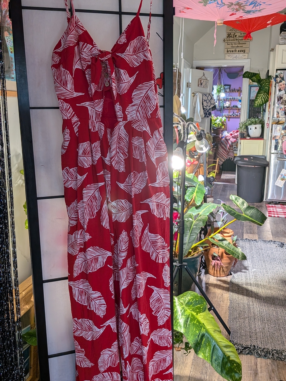 J.O.A. Red Maxi Dress with White Leaf Print